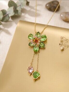 Gold Green Floral Crystal Pendant Necklace Pink Rhinestone Dangle Drop